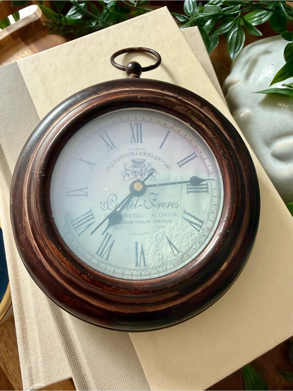 Vintage Round Wood Wall Clock Chateau Joullian Pontet Freres Hanging Dark Brown